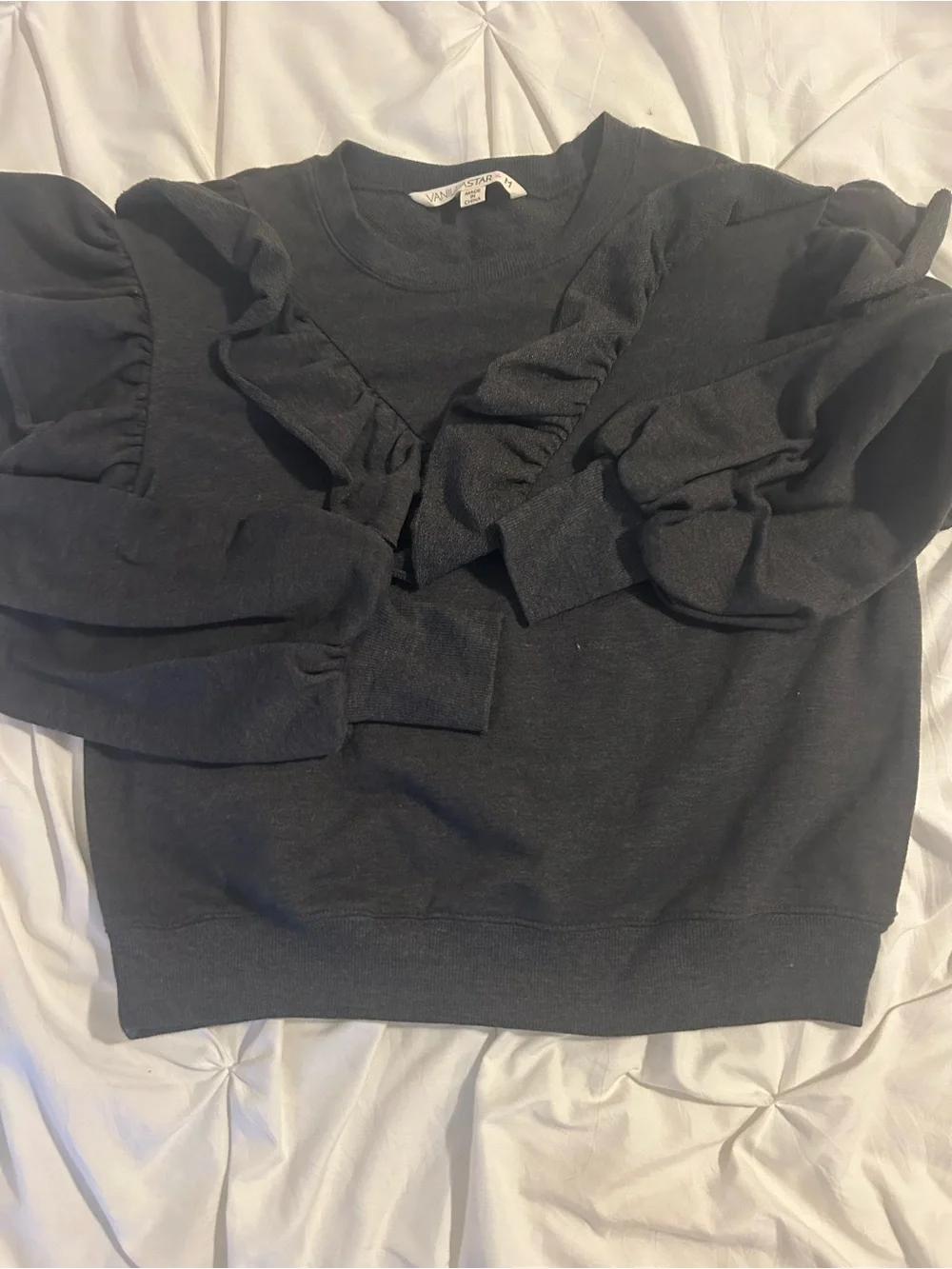 Vanilla Star Black Ruffle-Sleeve Crewneck Sweater NWT